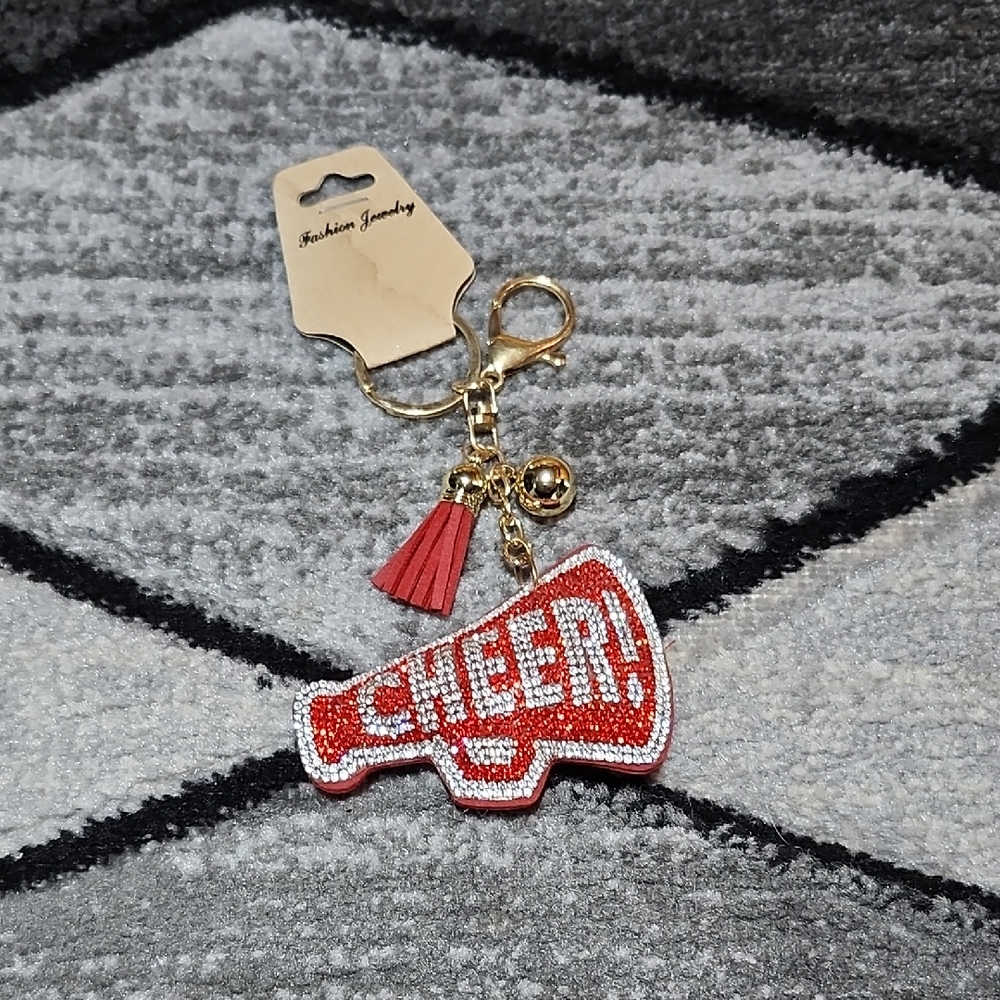 CHEER RHINESTONES RED & SILVER SPARKLING MEGAPHONE KEYCHAIN PURSE CHARM